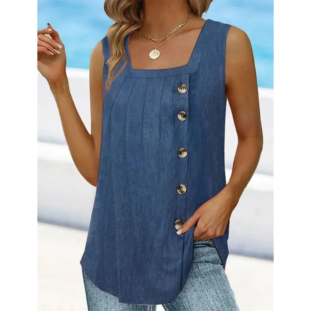 Summer Pleated Square Neck Sleeveless Button Tank Top 7