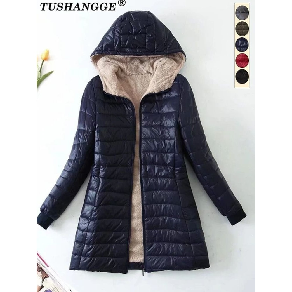 Womens Mid Length Hooded Winter Coat With Warm Lamb Fleece Lining 0