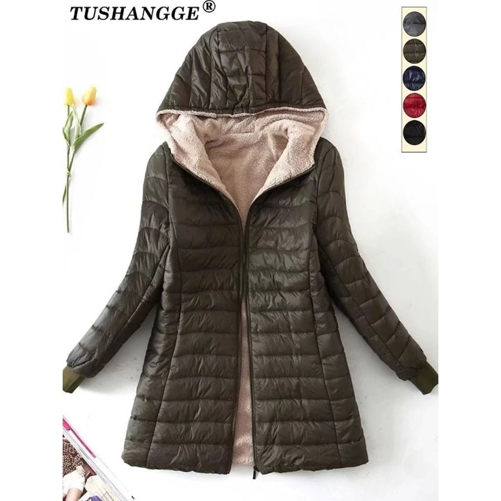 Womens Mid Length Hooded Winter Coat With Warm Lamb Fleece Lining 1
