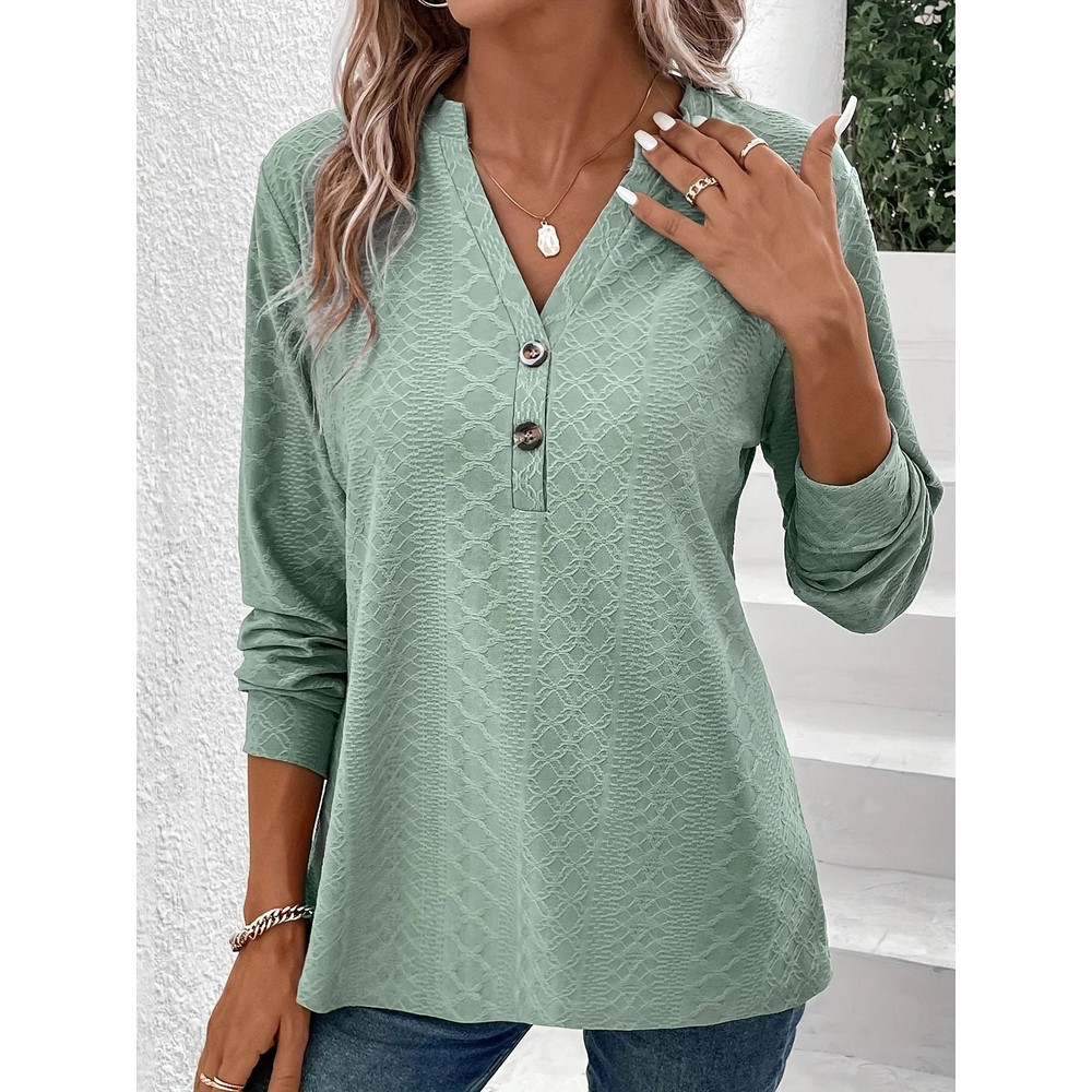 Women Solid Color V Neck Long Sleeve Button Top 2