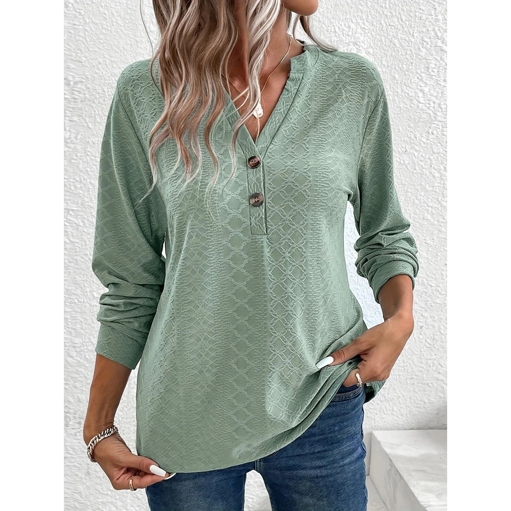Women Solid Color V Neck Long Sleeve Button Top 3
