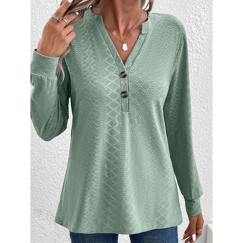 Women Solid Color V Neck Long Sleeve Button Top 4