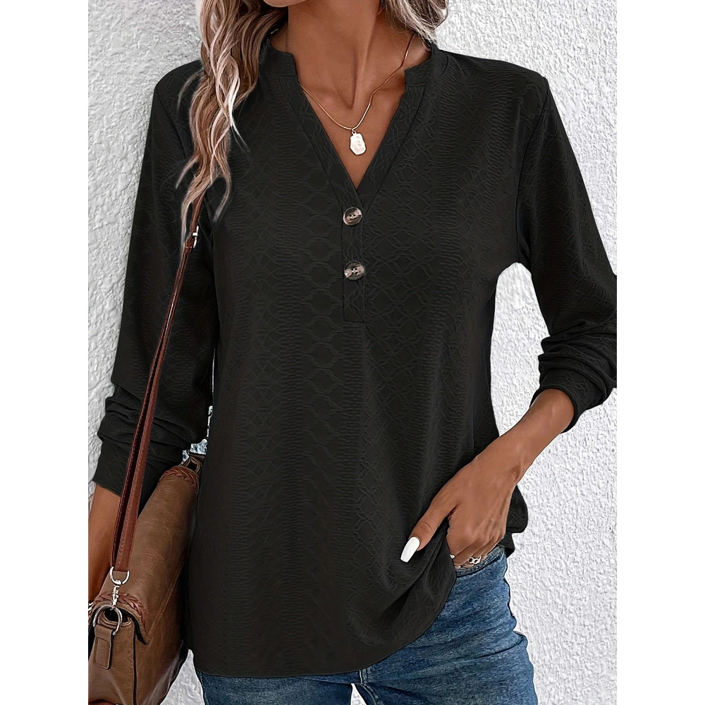 Women Solid Color V Neck Long Sleeve Button Top 5