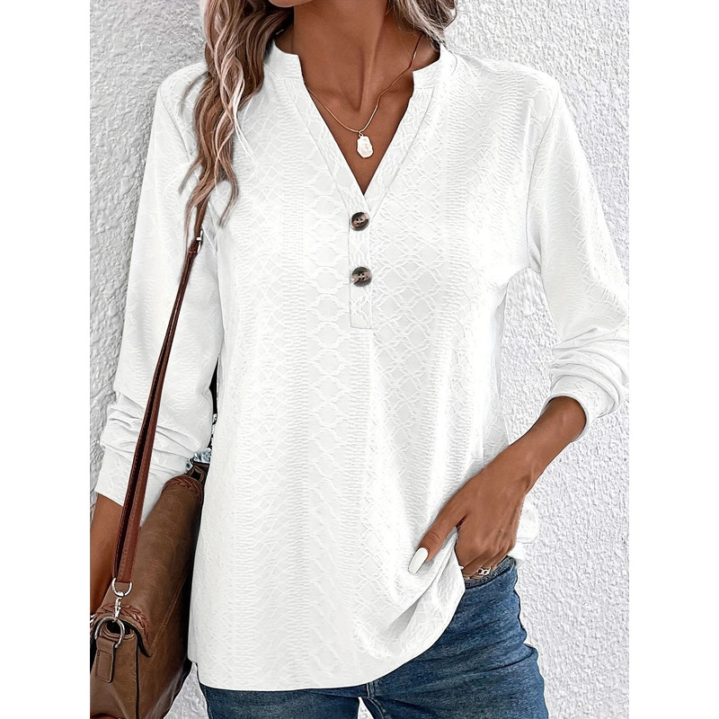Women Solid Color V Neck Long Sleeve Button Top 7