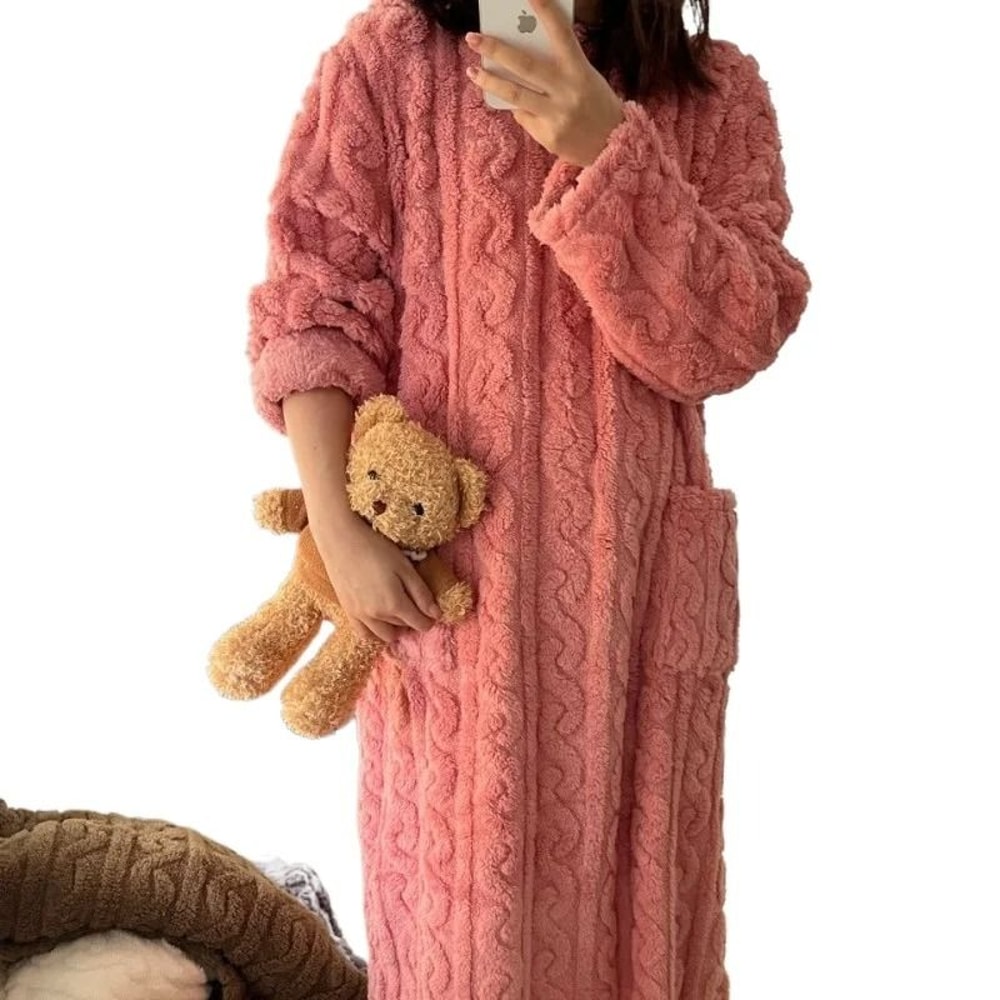 Warm Plus Size Flannel Pajamas With Hooded Bathrobe Design 6