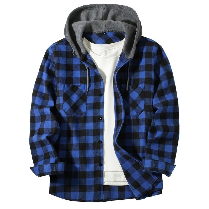 Mens Hooded Plaid Shirt Casual Slim Fit Long Sleeve Jacket 0