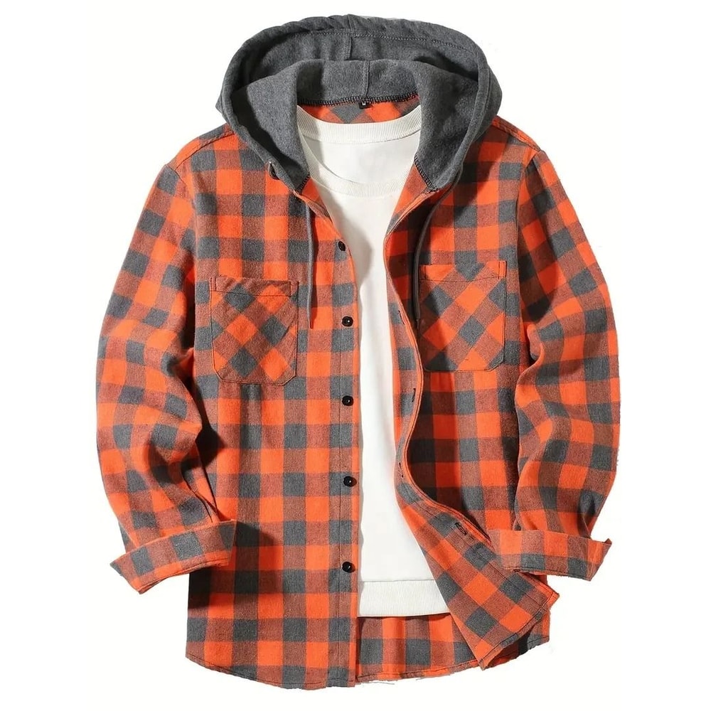 Mens Hooded Plaid Shirt Casual Slim Fit Long Sleeve Jacket 2