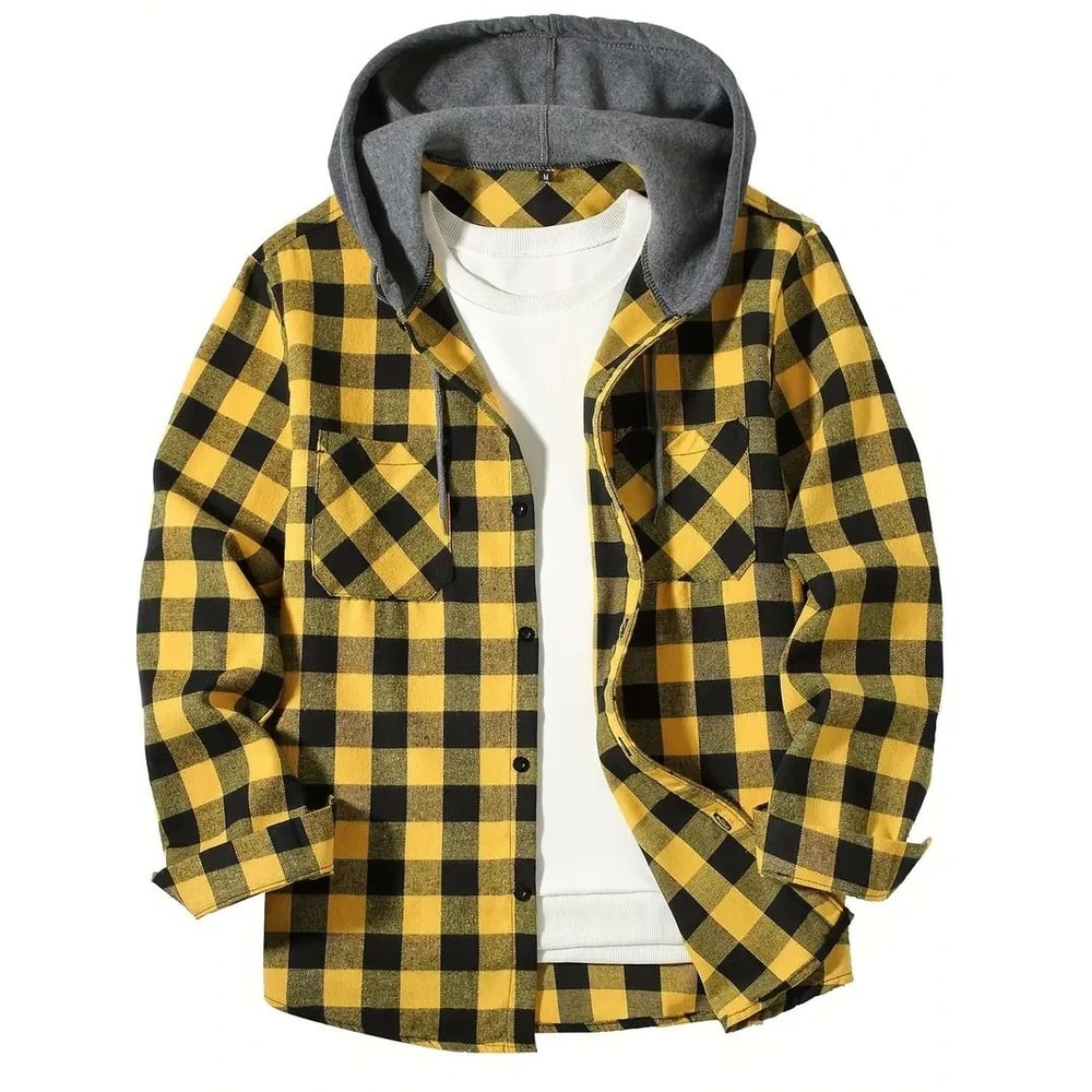 Mens Hooded Plaid Shirt Casual Slim Fit Long Sleeve Jacket 3