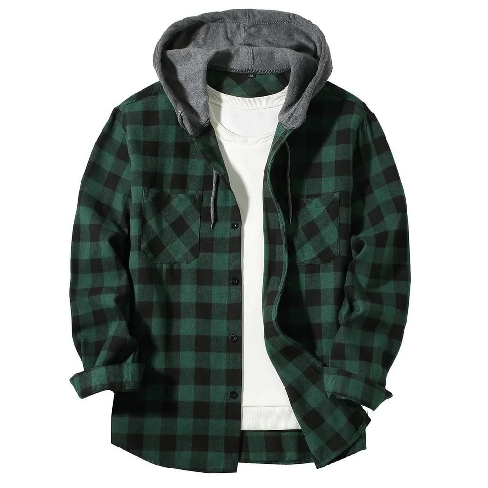 Mens Hooded Plaid Shirt Casual Slim Fit Long Sleeve Jacket 9