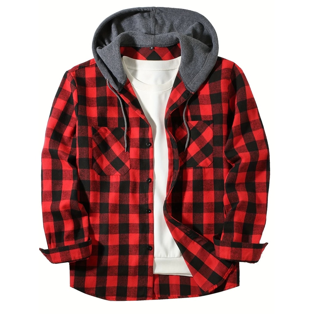Mens Hooded Plaid Shirt Casual Slim Fit Long Sleeve Jacket 11
