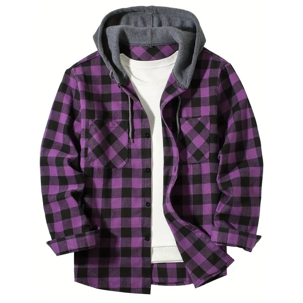 Mens Hooded Plaid Shirt Casual Slim Fit Long Sleeve Jacket 5
