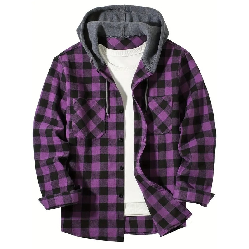 Mens Hooded Plaid Shirt Casual Slim Fit Long Sleeve Jacket 5