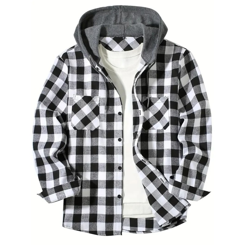 Mens Hooded Plaid Shirt Casual Slim Fit Long Sleeve Jacket 7