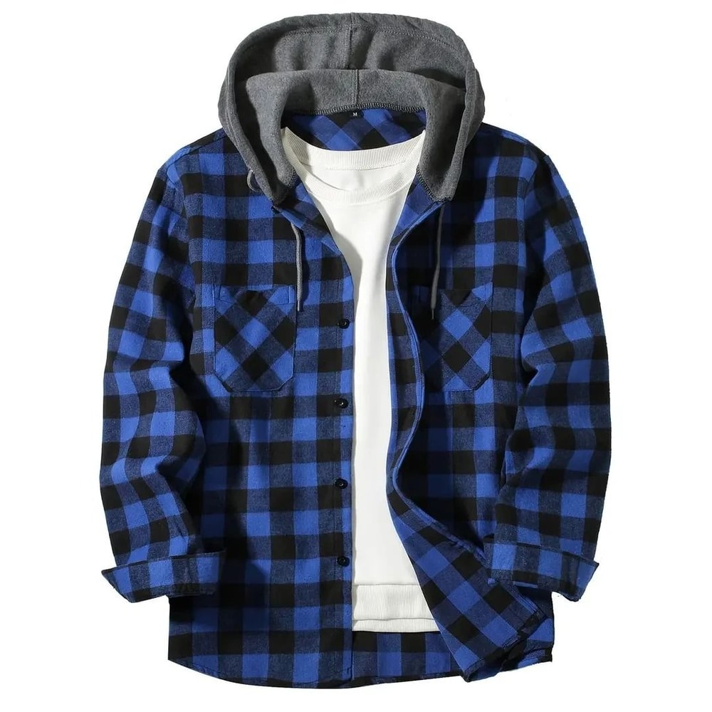 Mens Hooded Plaid Shirt Casual Slim Fit Long Sleeve Jacket 8
