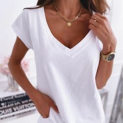womens v neck short sleeve solid color t shirt