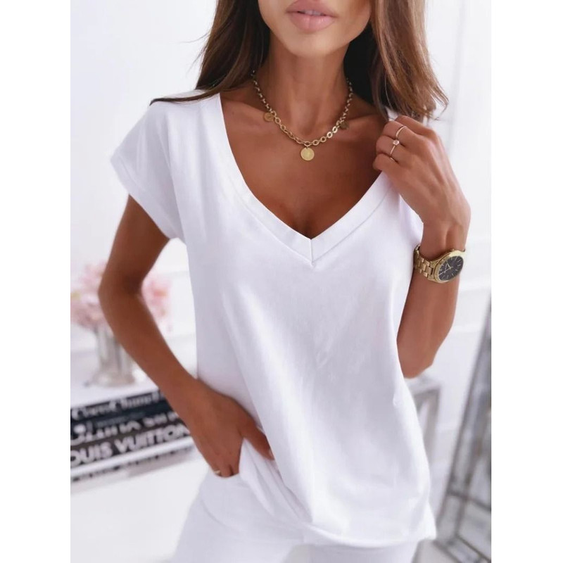 Womens V Neck Short Sleeve Solid Color T Shirt 9