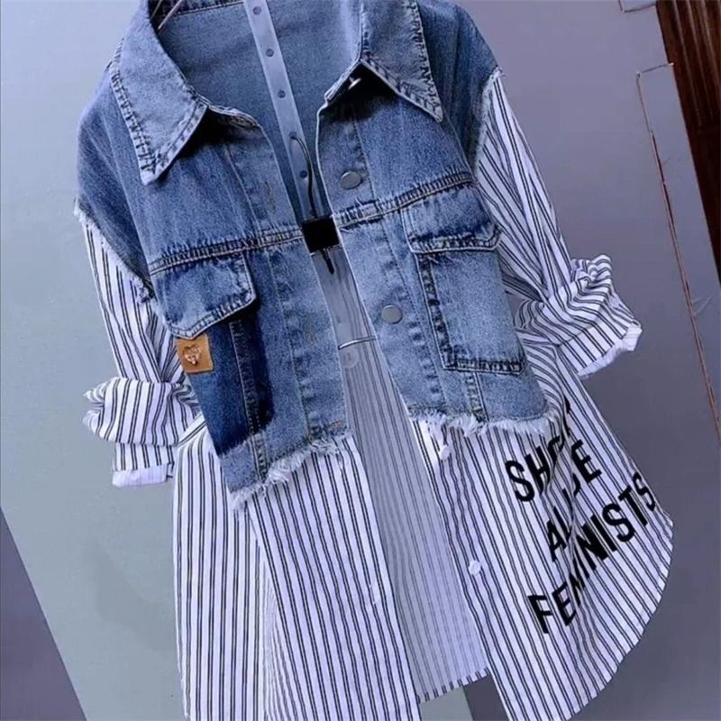 Casual Denim Shirt For Women Splicing Jean Jacket Lightweight Spring Autumn Top 3