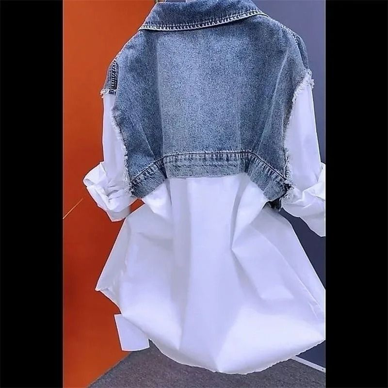 Casual Denim Shirt For Women Splicing Jean Jacket Lightweight Spring Autumn Top 4