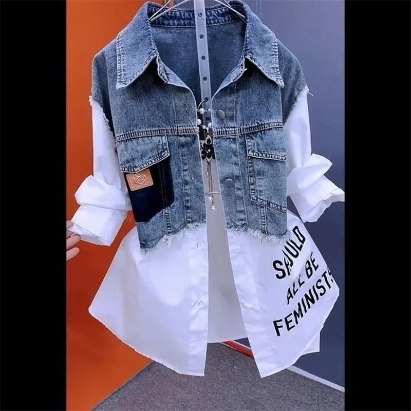 Casual Denim Shirt For Women Splicing Jean Jacket Lightweight Spring Autumn Top 6