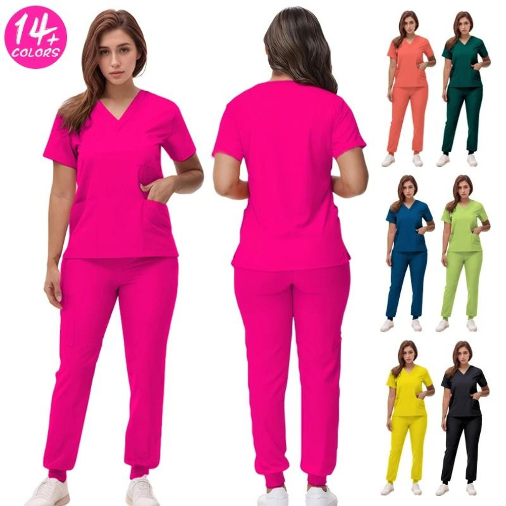 New Nurse Scrub Set V Neck Top With Jogger Pants Medical Workwear 0