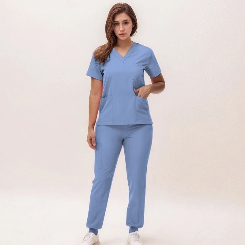 New Nurse Scrub Set V Neck Top With Jogger Pants Medical Workwear 9