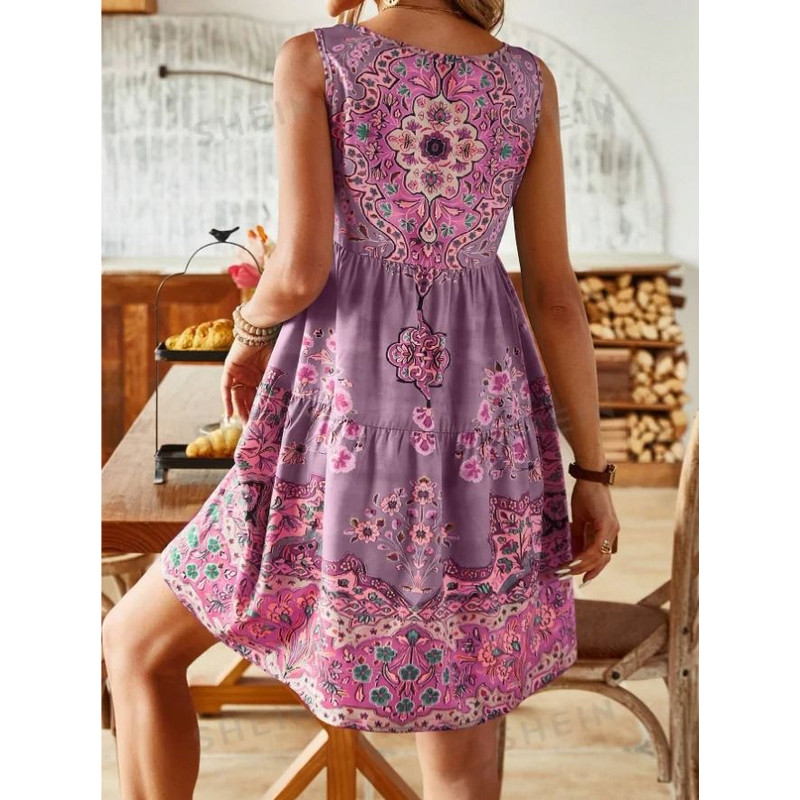 Plus Size Printed Pleated Sleeveless V Neck Summer Dress 4