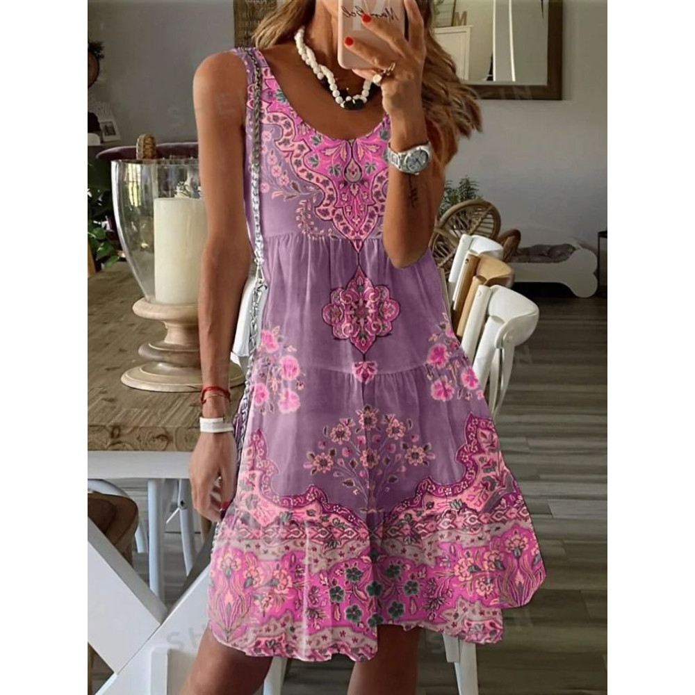 Plus Size Printed Pleated Sleeveless V Neck Summer Dress 6