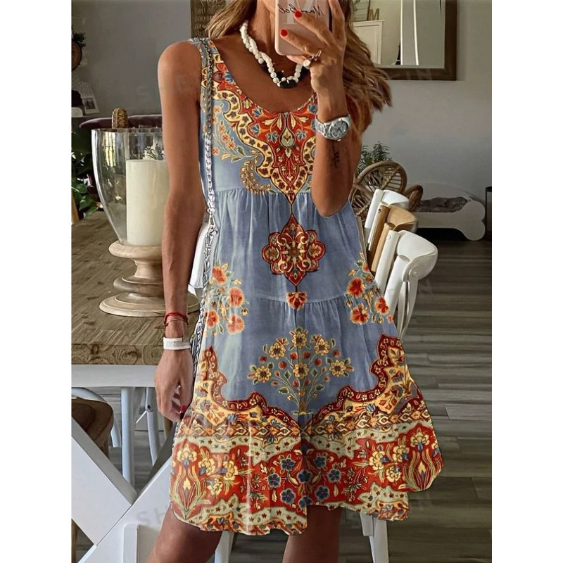 Plus Size Printed Pleated Sleeveless V Neck Summer Dress 7