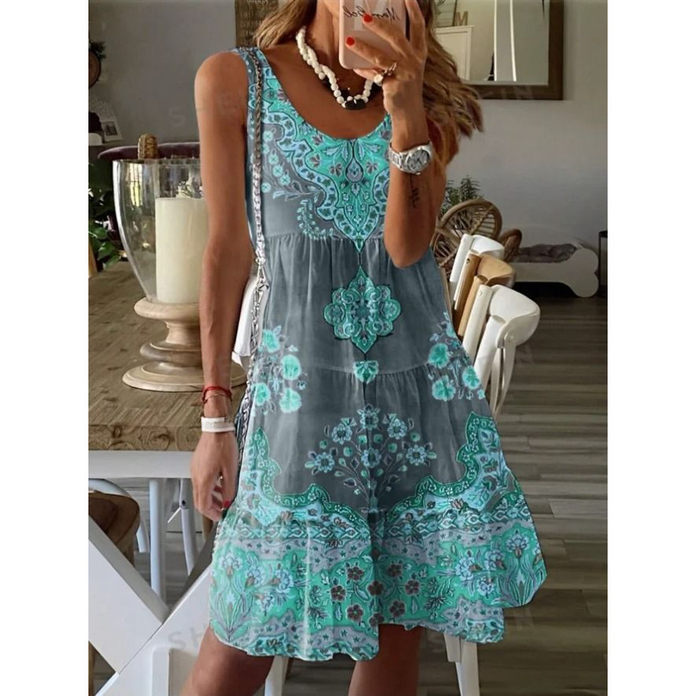 Plus Size Printed Pleated Sleeveless V Neck Summer Dress 8