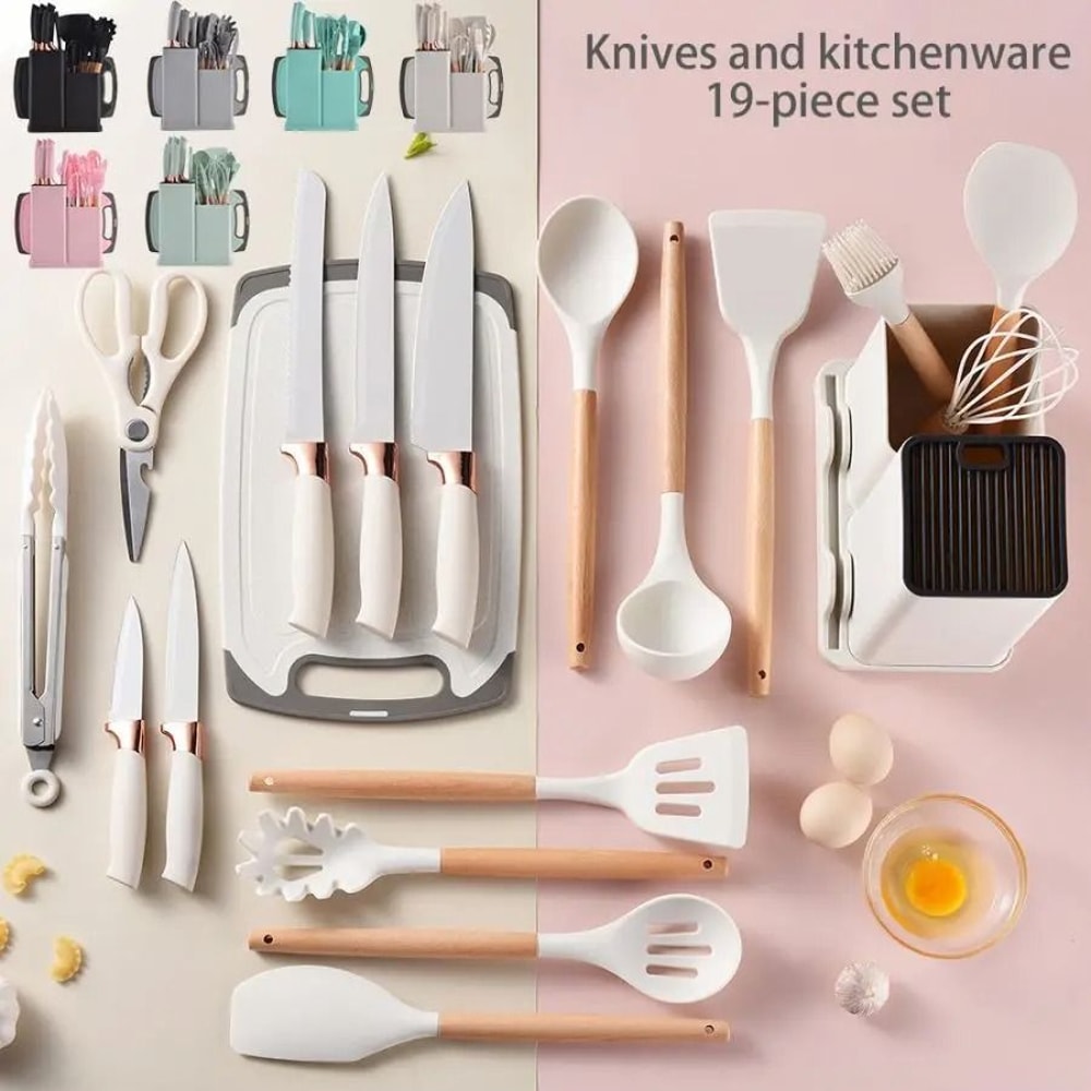19 Piece Silicone Kitchenware Set With Knives Cutting Board And Utensils 5