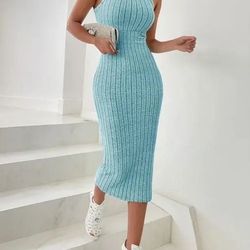 solid halter neck bodycon midi dress slim summer high waist elegant style