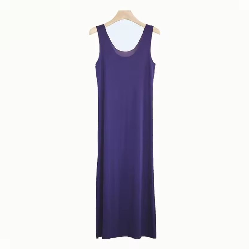 Women Ice Silk Slip Dress Seamless Midi Underdress With U Neck 9