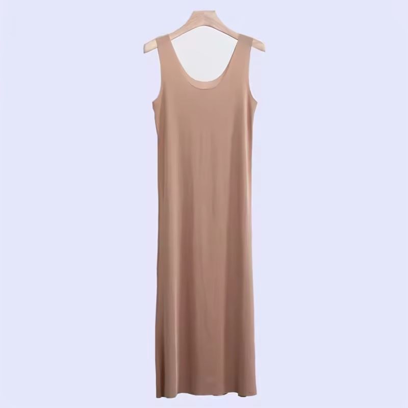 Women Ice Silk Slip Dress Seamless Midi Underdress With U Neck 7