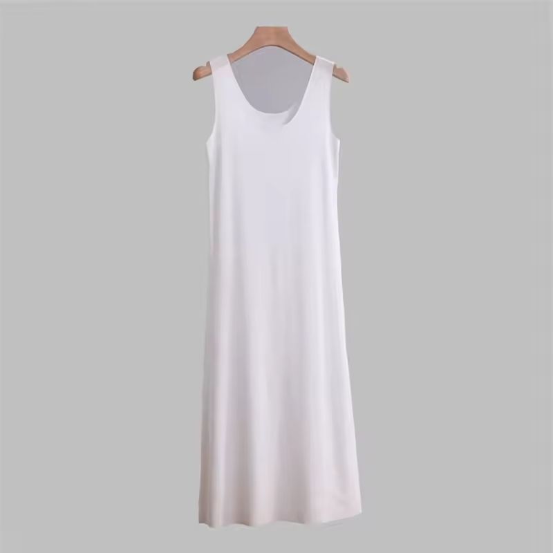 Women Ice Silk Slip Dress Seamless Midi Underdress With U Neck 10