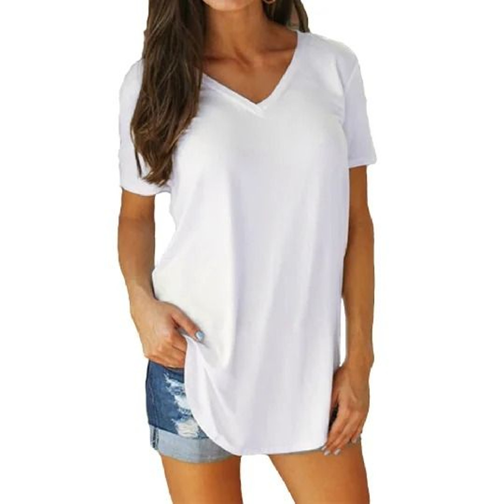 Summer Solid Color V Neck Short Sleeve Loose Hem Arc Blouse For Women 12