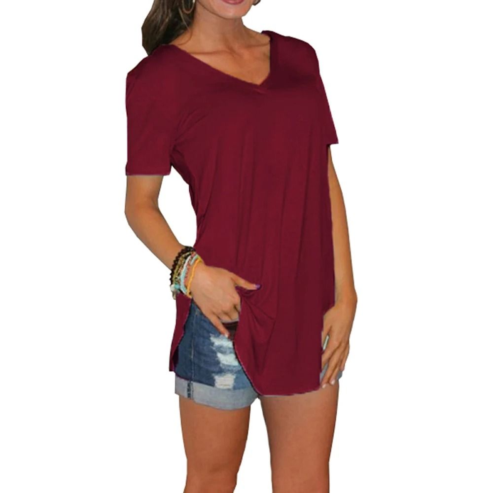 Summer Solid Color V Neck Short Sleeve Loose Hem Arc Blouse For Women 6