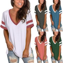spring summer v neck short sleeve loose solid color women t shirt