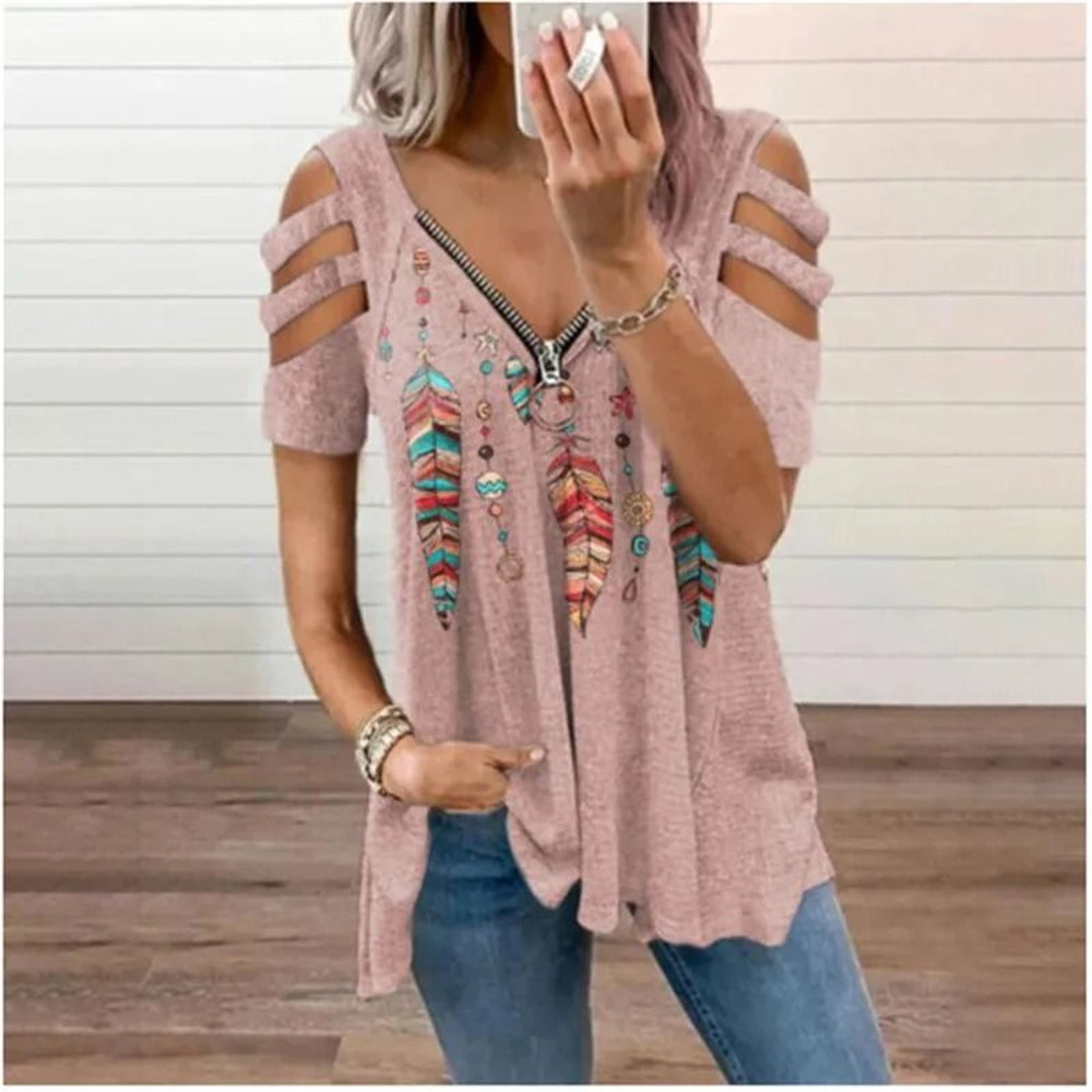 Summer Cold Shoulder Leopard Print Zipper V Neck Loose Casual Blouse 9