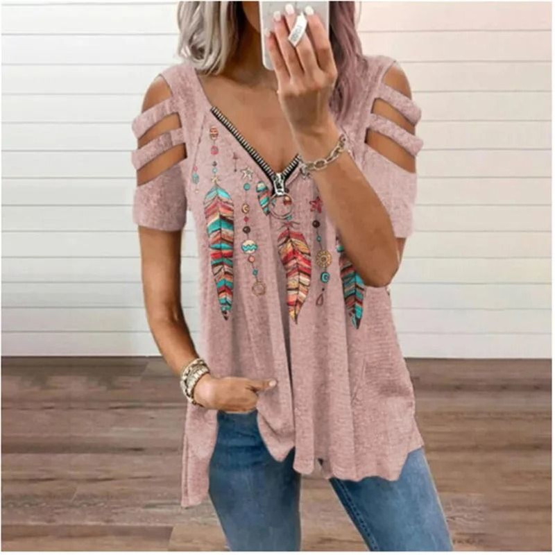 Summer Cold Shoulder Leopard Print Zipper V Neck Loose Casual Blouse 9