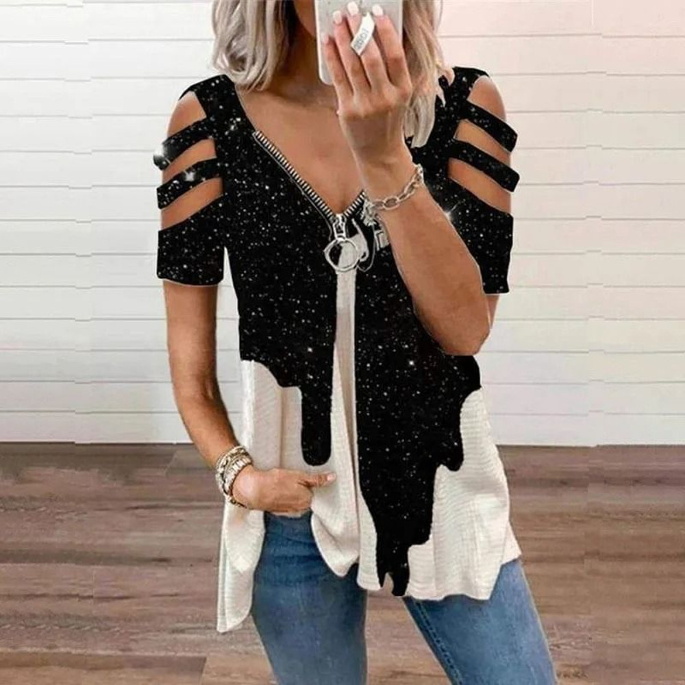 Summer Cold Shoulder Leopard Print Zipper V Neck Loose Casual Blouse 4