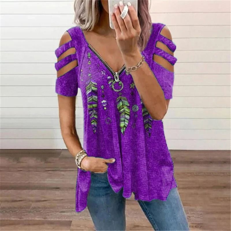 Summer Cold Shoulder Leopard Print Zipper V Neck Loose Casual Blouse 8