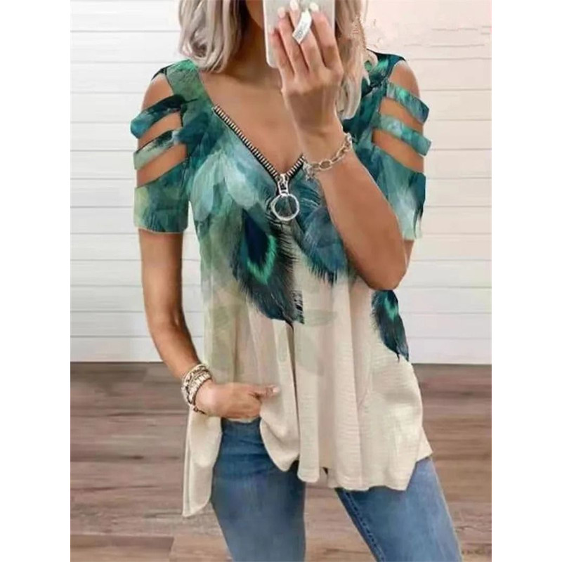 Summer Cold Shoulder Leopard Print Zipper V Neck Loose Casual Blouse 16