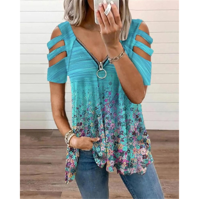Summer Cold Shoulder Leopard Print Zipper V Neck Loose Casual Blouse 17