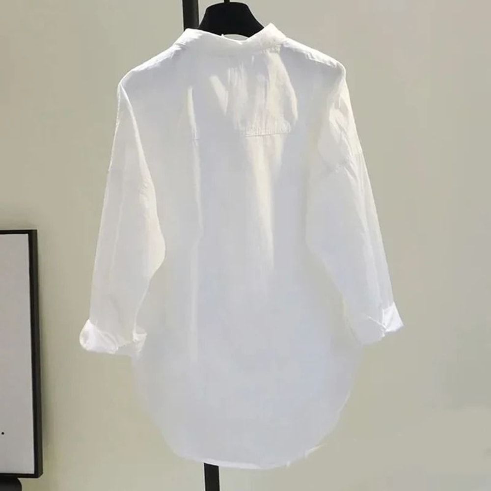 Long Sleeve White Women Shirt Casual Loose Office Button Blouse 1