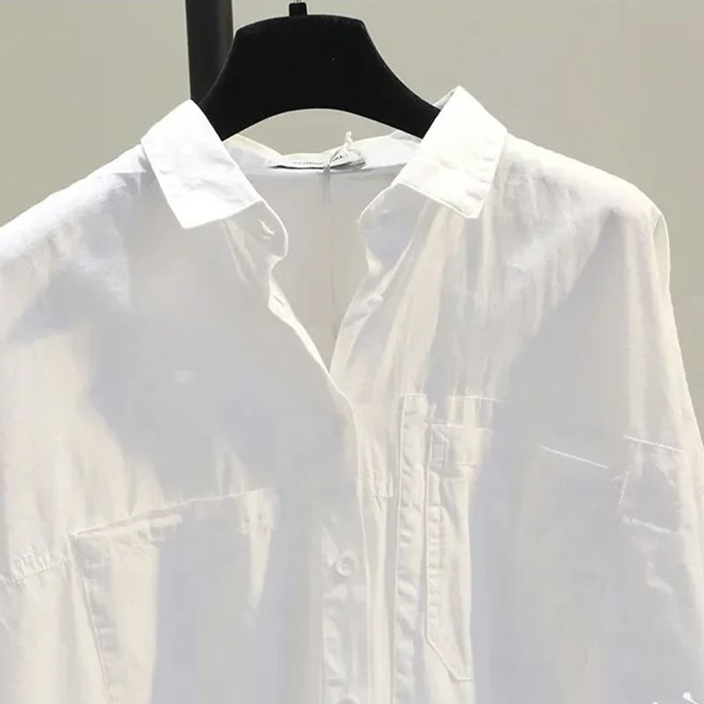 Long Sleeve White Women Shirt Casual Loose Office Button Blouse 2