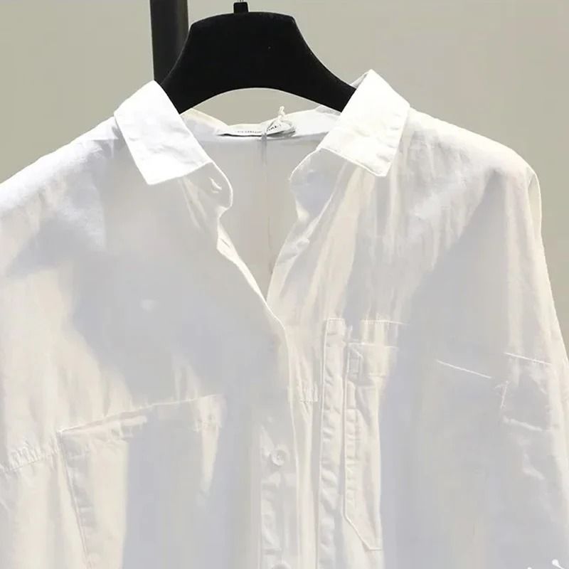 Long Sleeve White Women Shirt Casual Loose Office Button Blouse 2
