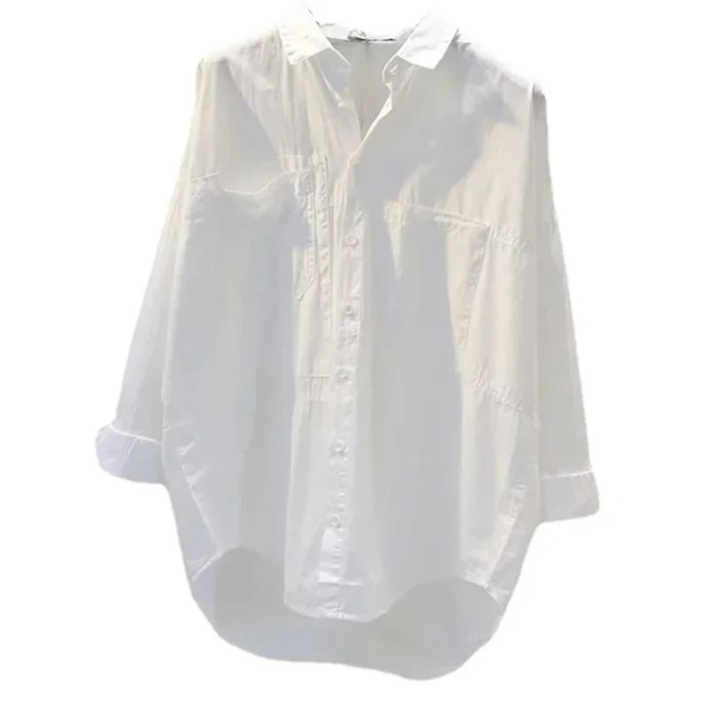 Long Sleeve White Women Shirt Casual Loose Office Button Blouse 5