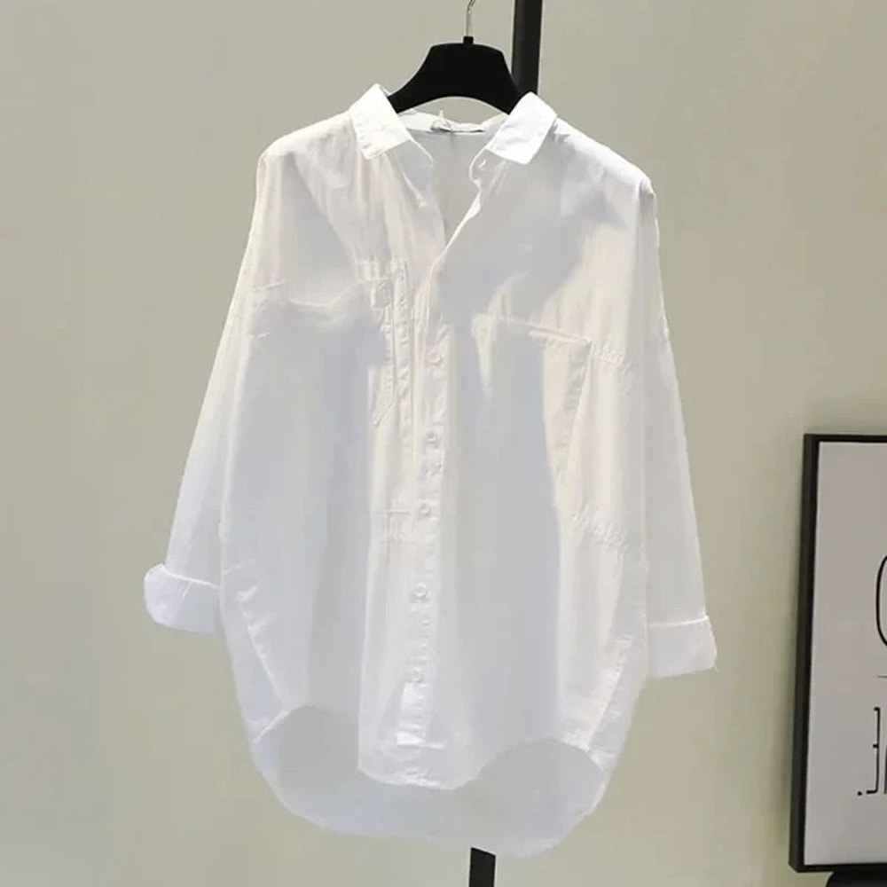 Long Sleeve White Women Shirt Casual Loose Office Button Blouse 6