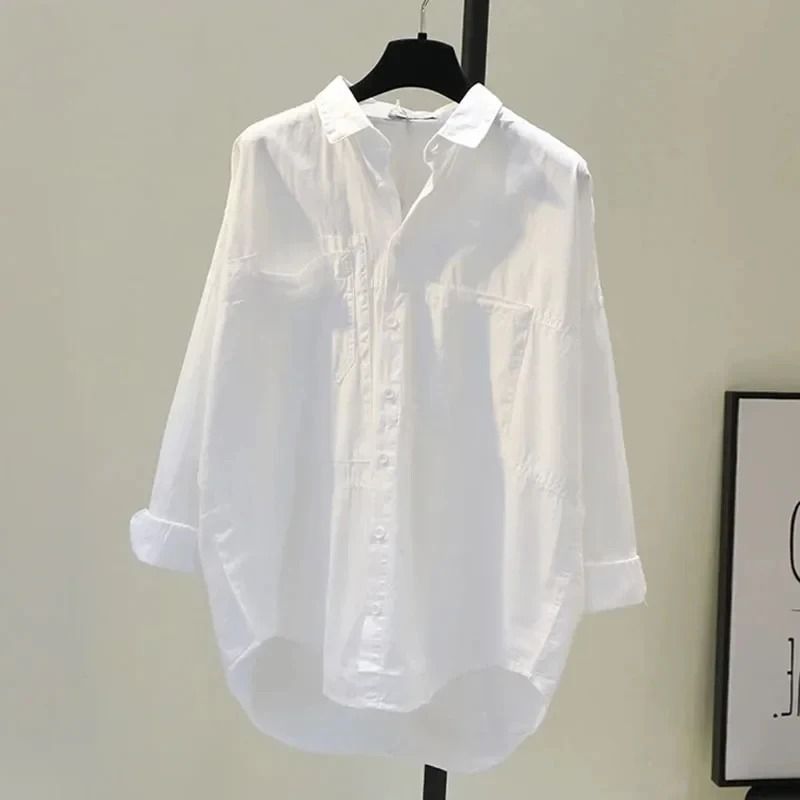 Long Sleeve White Women Shirt Casual Loose Office Button Blouse 6
