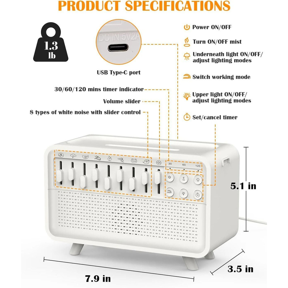 Bluetooth White Noise Machine With Aroma Diffuser Humidifier And Night Light 2